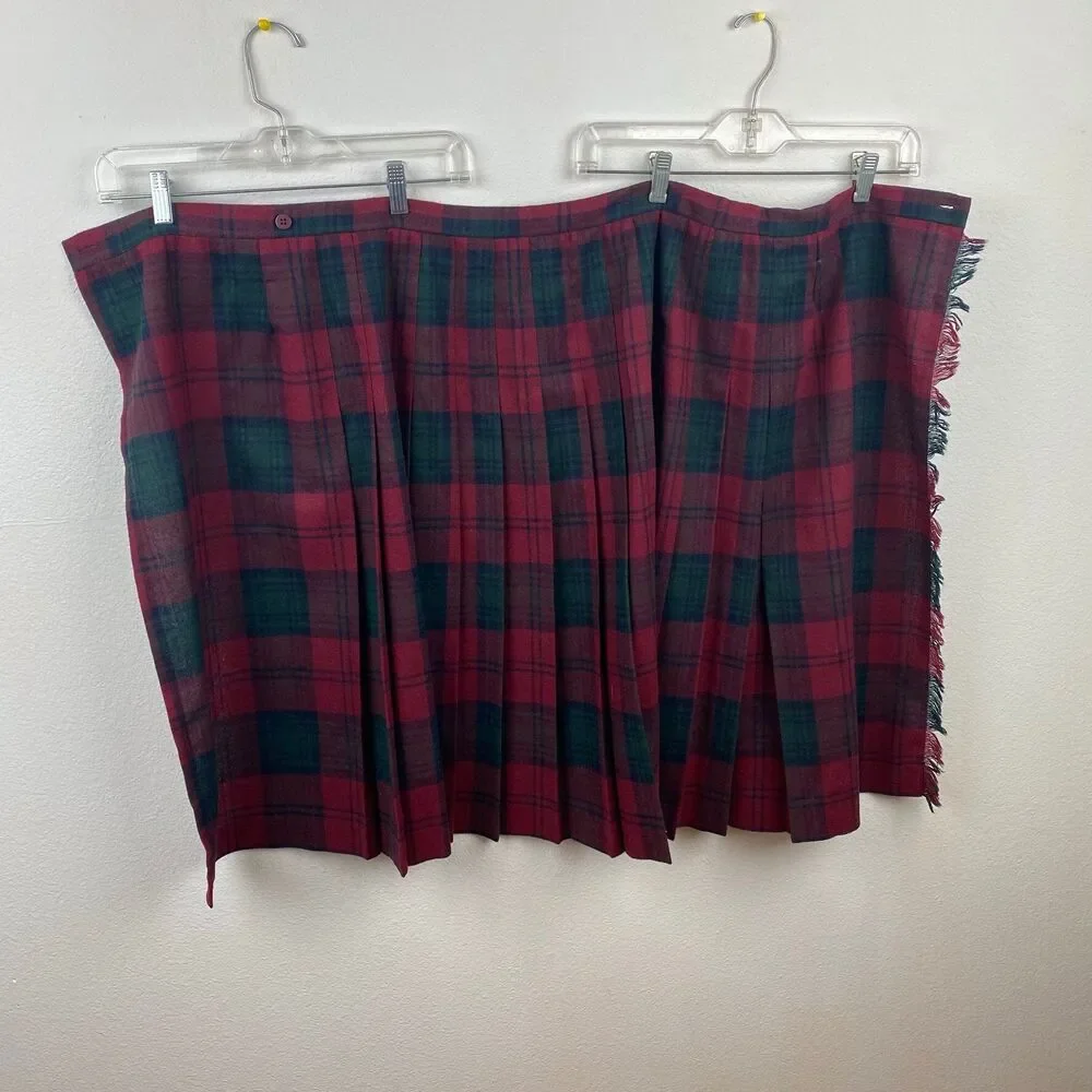 Vintage Copley Square Wool Pleated Wrap Skirt Fringe Side10 Red Green Plaid